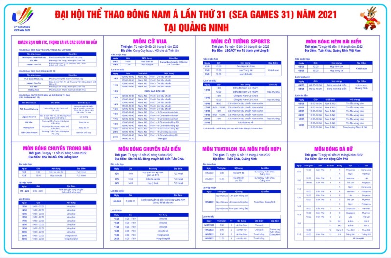 Lịch thi đấu các môn thể thao SEA Game 31 tại Quảng Ninh.