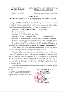 Phường Hà Phong thông báo: Theo dõi quản lý bị can áp dụng biện pháp cấm đi khỏi nơi cư đối với bị can Trương Công Vương, tổ 39 khu 4B