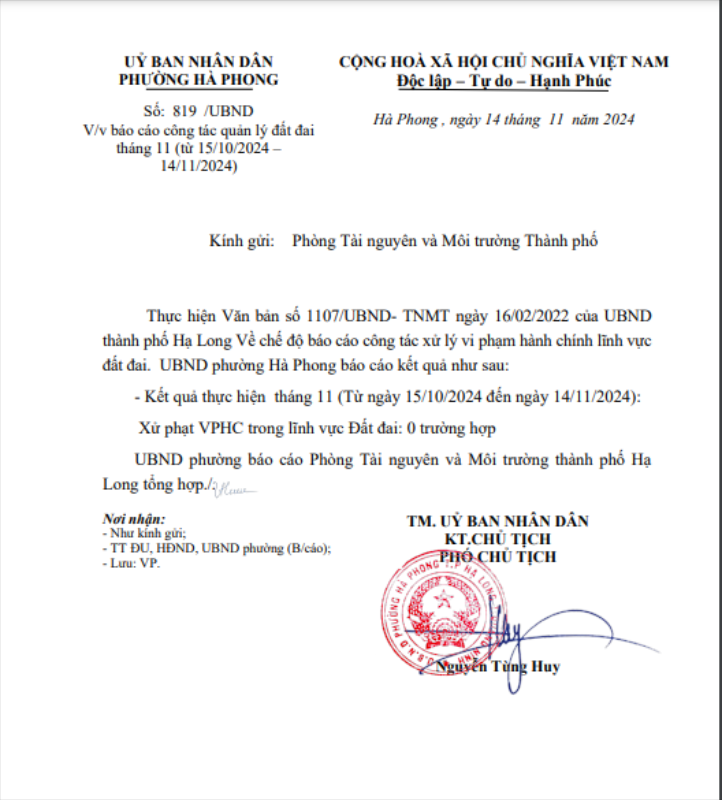 Báo cáo công tác quản lý đất đai tháng 11 (từ 15/10/2024 – 14/11/2024)