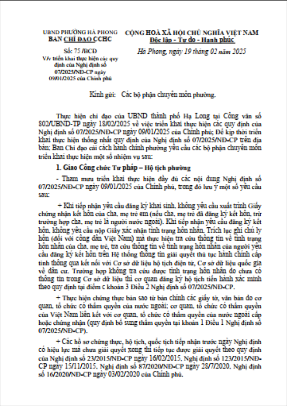 Phường Hà Phong triển khai thực hiện các quy định của Nghị định số 07/2025/NĐ-CP ngày 09/01/2025 của Chính phủ