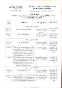 Thông báo dự kiến chương trình công tác tuần của Thường trực UBND phường (từ 24/4/2023 đến 30/4/2023 )